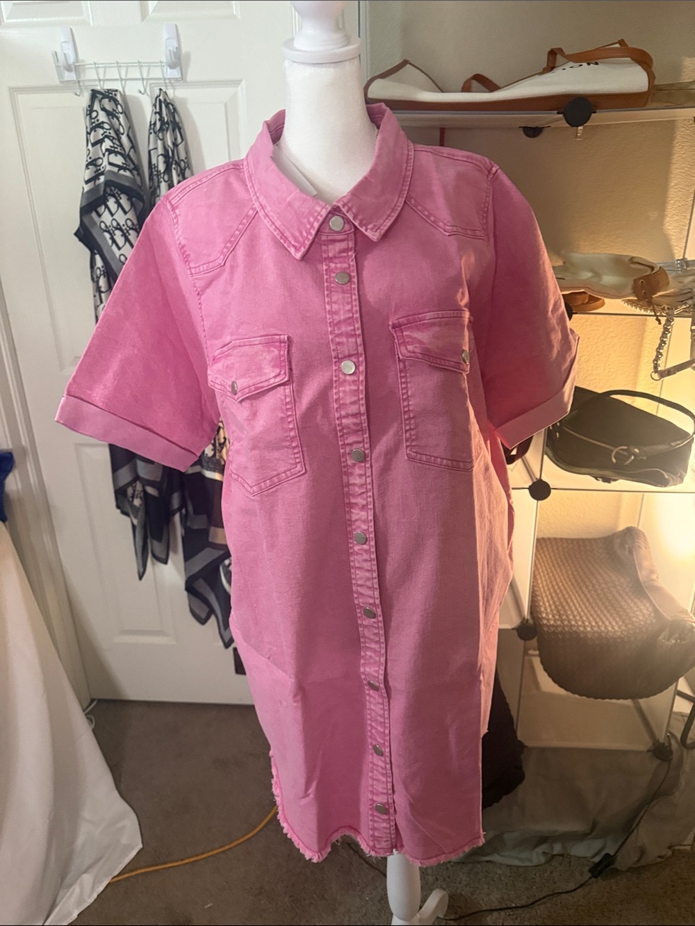 Pink Button-Front Shirt Dress